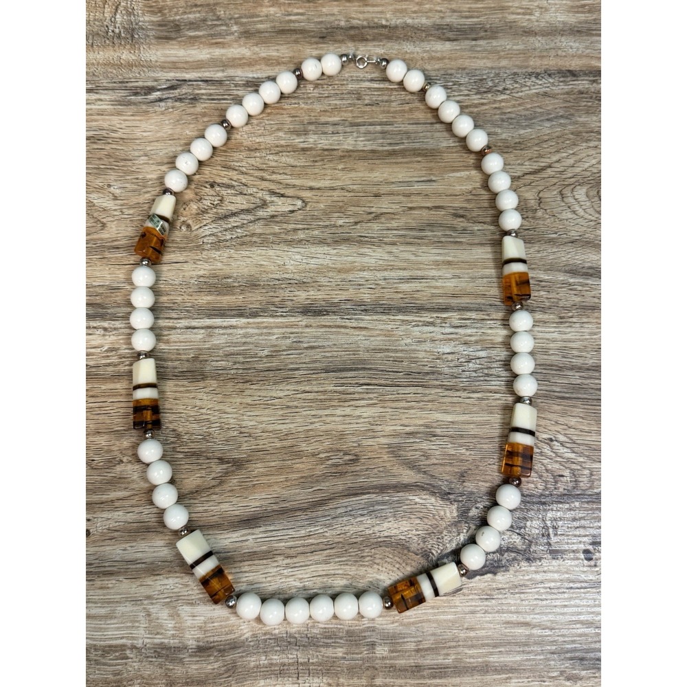 VTG White Milk Beads Amber Necklace ROC Taiwan Tagged MCM Silver Tone